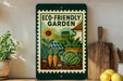 a green and white sign with a garden scene, including a sunflower, carrots, and a wooden cutting board, placed on a wooden surface next to a potted plant and a lemon.