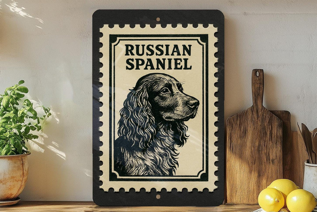 a framed illustration of a Russian Spaniel dog, with a wooden cutting board and a potted plant in the background.