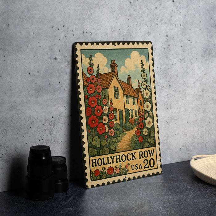 A vintage postage stamp featuring a house surrounded by flowers, placed on a table next to some black camera lenses.