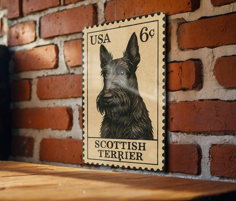 A wooden surface with a framed image of a Scottish Terrier dog on it, mounted on a brick wall.