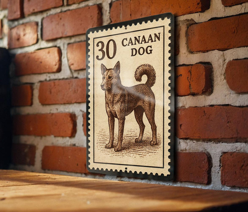 A metal stamp with a dog illustration on it, mounted on a brick wall.