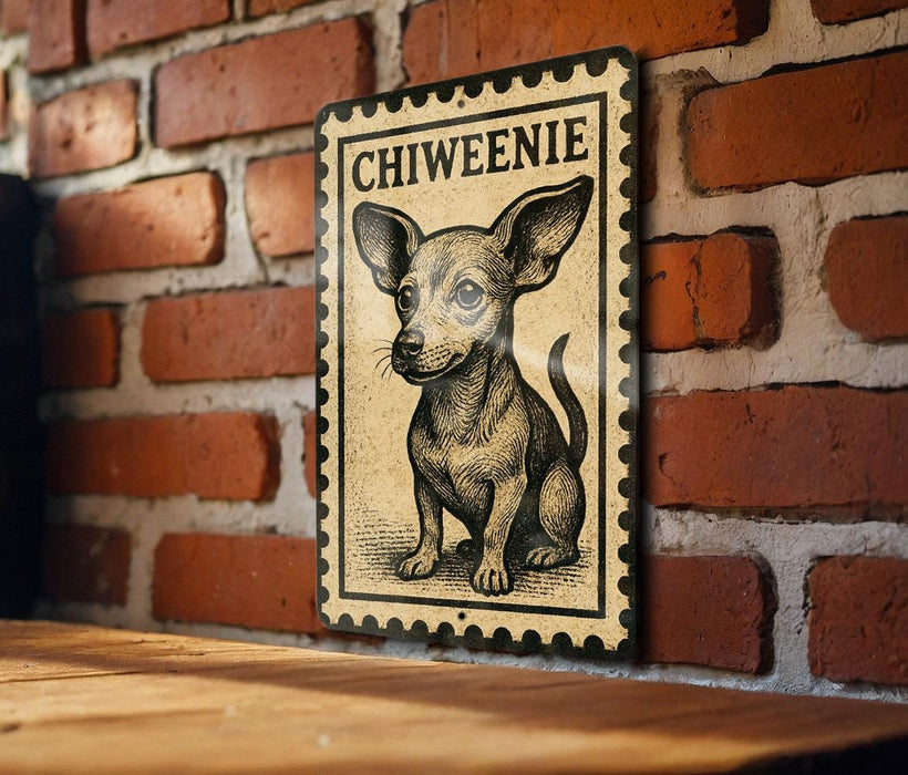 a small dog, specifically a chihuahua, depicted in a vintage-style illustration on a brick wall.