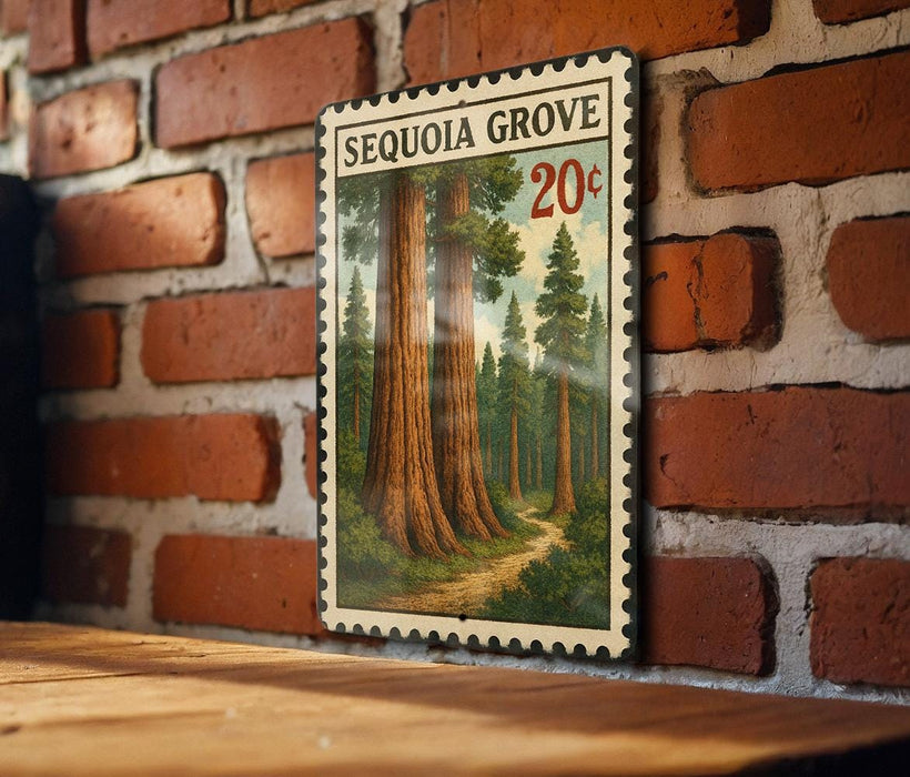 A framed image of a forest scene, featuring tall trees and a winding path, is mounted on a brick wall.