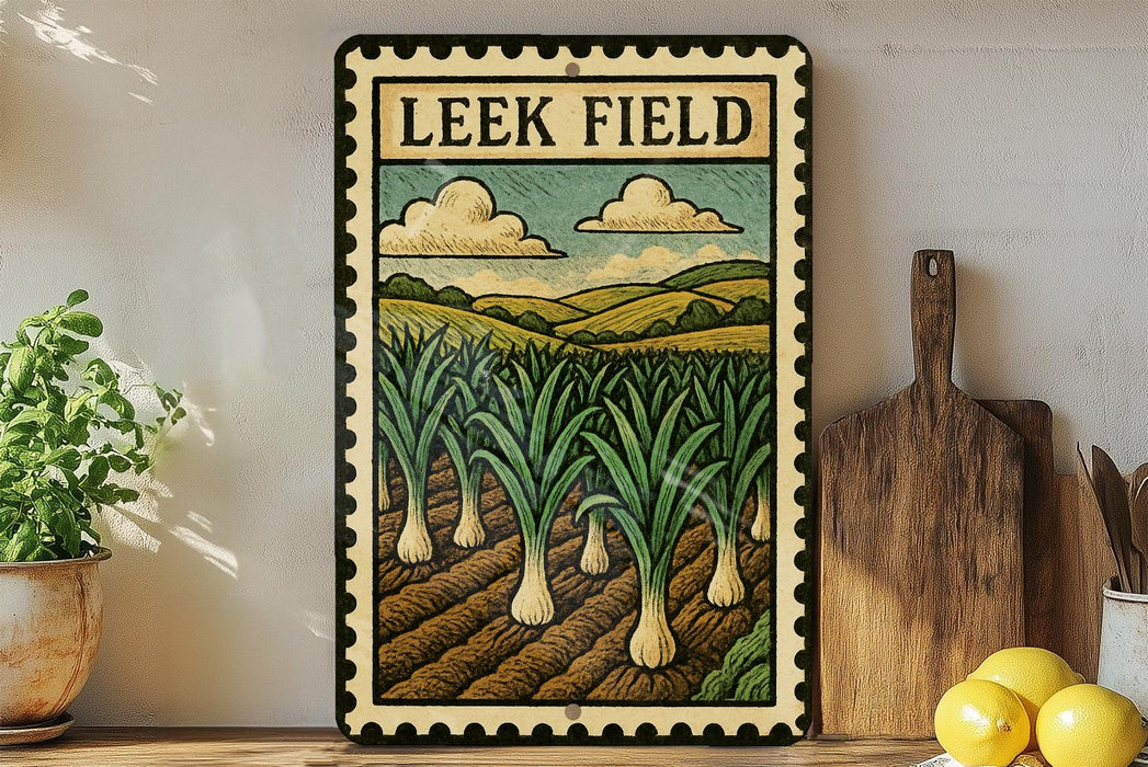 a framed illustration of a field with a variety of vegetables, including onions, placed on a shelf next to a wooden cutting board and a potted plant.