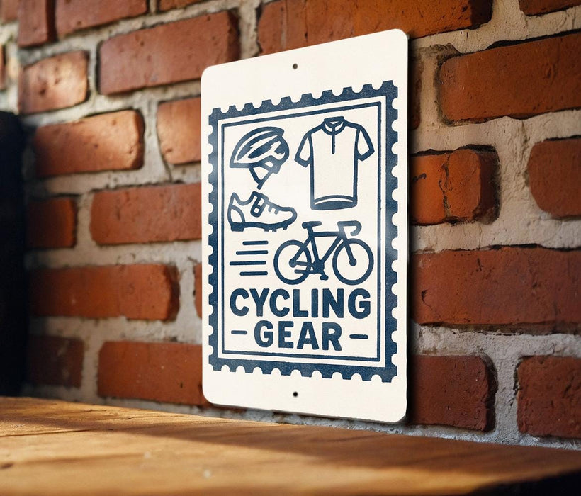 A sign with a bicycle and cycling gear, mounted on a brick wall.