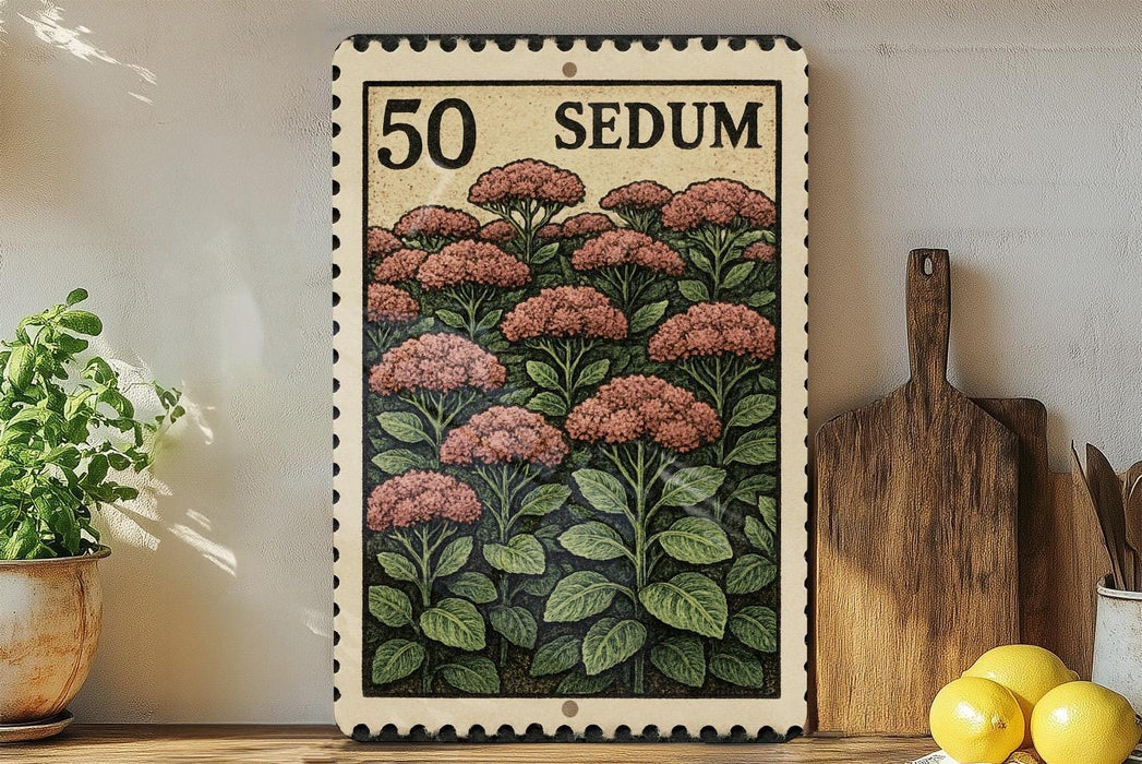 A framed illustration of pink flowers on a wall, with a wooden cutting board and a potted plant to the left.