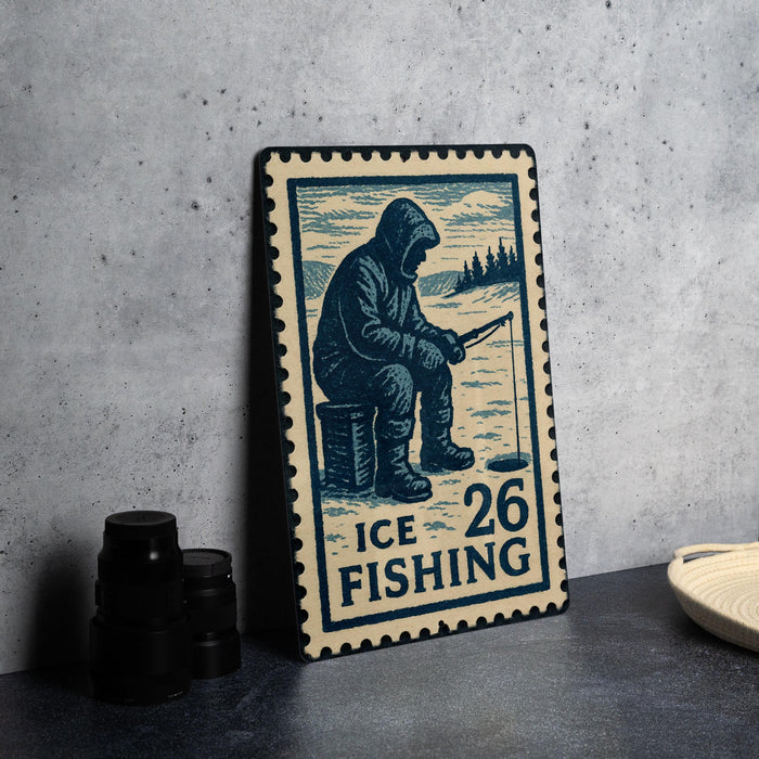 A metal sign with a blue and white design depicting a person fishing, along with the text "ICE FISHING 26" on it.