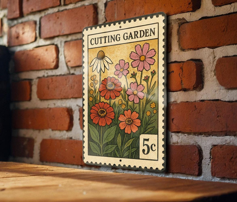 A vintage-style stamp or postcard with a floral illustration and the text "Cutting Garden" is displayed on a brick wall.