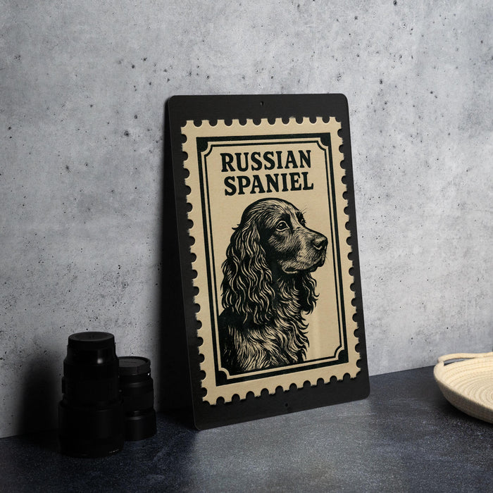 A framed image of a Russian Spaniel dog is displayed on a wall, with a black border and a stamp-like design.