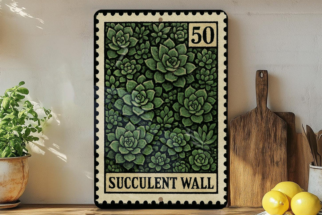 a framed print of a postage stamp with a design of green succulent plants, placed on a shelf next to a wooden cutting board and some lemons.