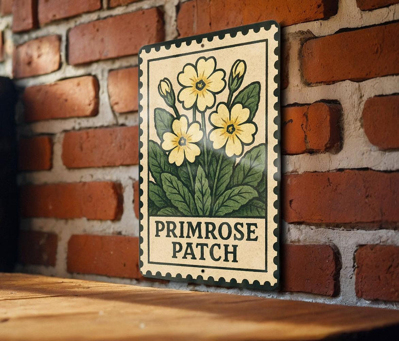 A metal sign with a floral design hangs on a brick wall, displaying the text "PRIMROSE PATCH".