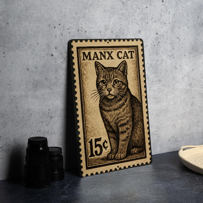 A metal stamp featuring a cat illustration, with the text "MANX CAT" and the price of 15 cents.