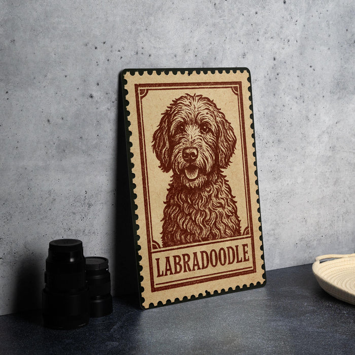 A framed image of a Labradoroodle dog is displayed on a wall, with a stamp-like border.