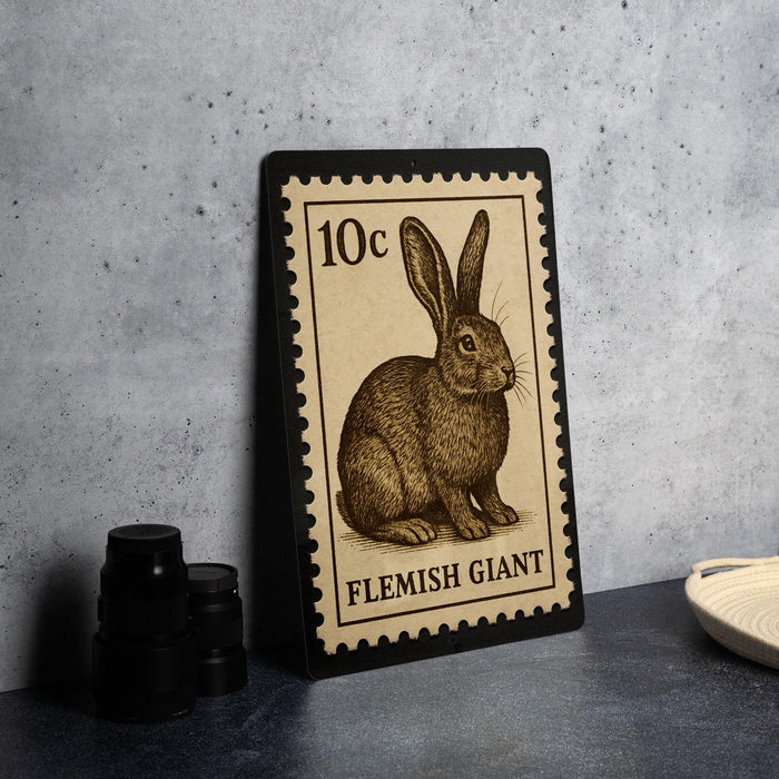 A 10c postage stamp featuring a bunny rabbit illustration, placed on a dark surface next to some black camera lenses.