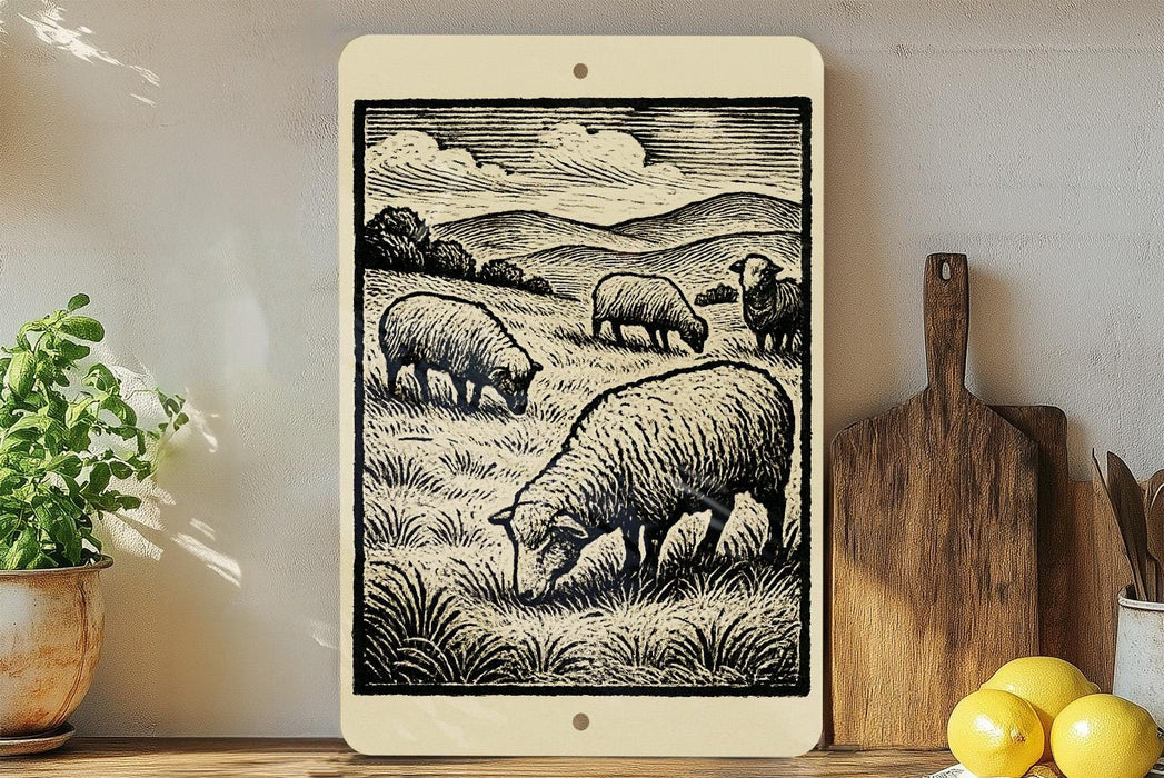 a black and white illustration of a pastoral scene with sheep grazing in a grassy field, accompanied by a wooden cutting board and a potted plant.
