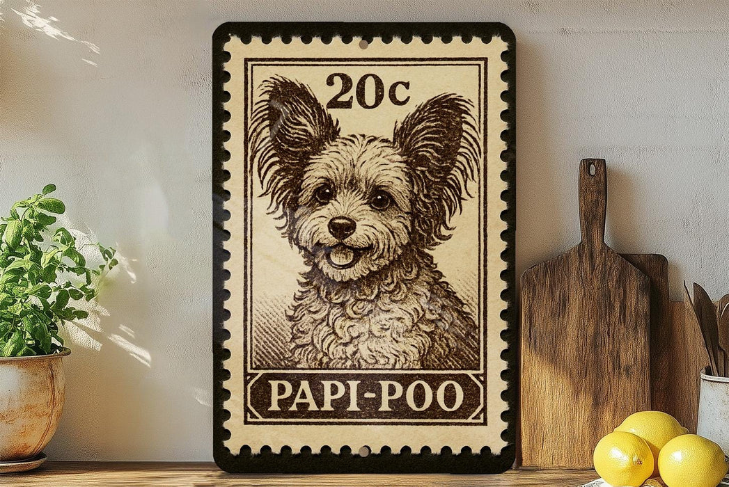 A framed image of a dog, specifically a Papi-Poo, is displayed on a shelf next to a wooden cutting board and some lemons.