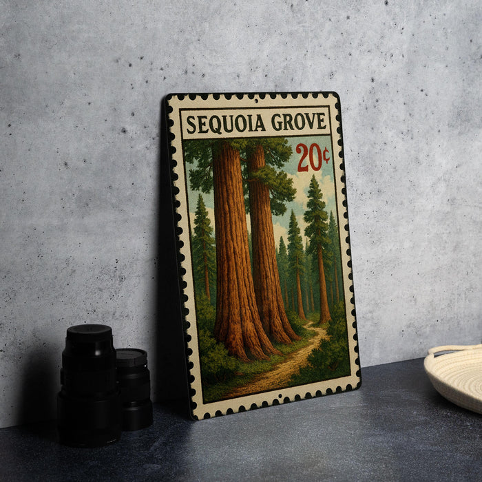 A framed print of a forest scene with two towering sequoia trees is displayed on a gray wall, accompanied by a small white dish and a stack of black camera lenses.