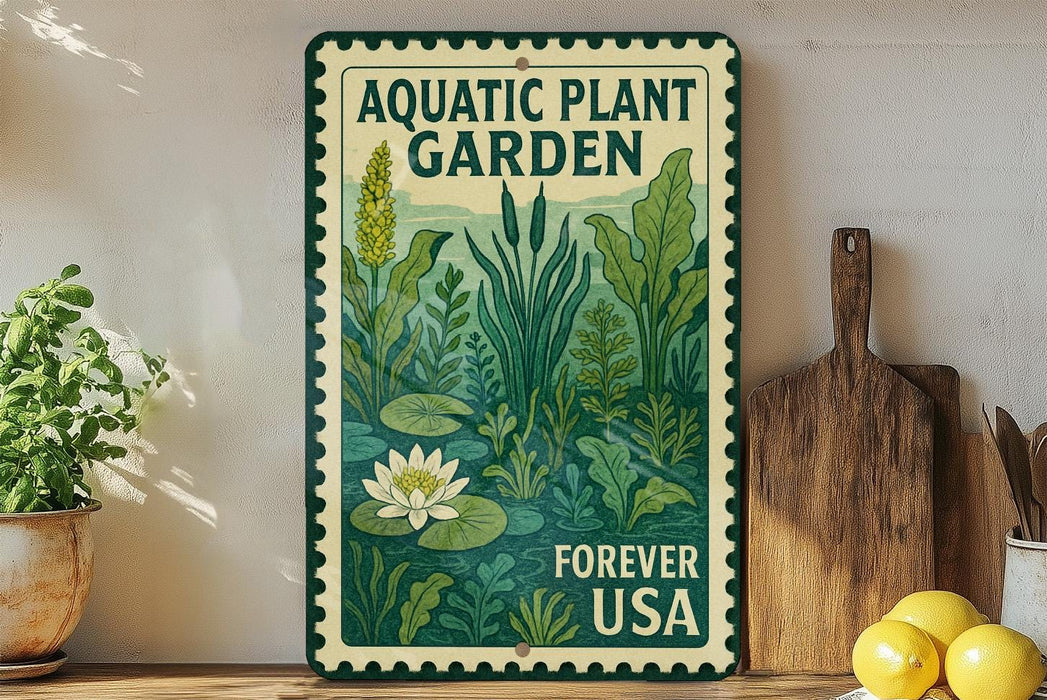 a vintage-style metal sign with a lush, green illustration of aquatic plants and a white water lily, placed on a wooden shelf next to a wooden cutting board and a potted plant.
