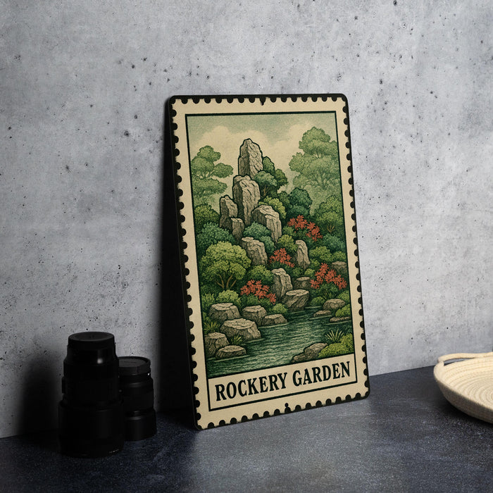 A framed illustration of a rock garden, with a lush landscape of trees, rocks, and water features, is displayed on a wall.