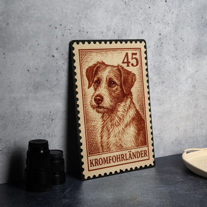 A metal stamp featuring a dog's portrait, with the number 45 and the text "Kromföhrländer" (Kromföhrländer) printed on it.