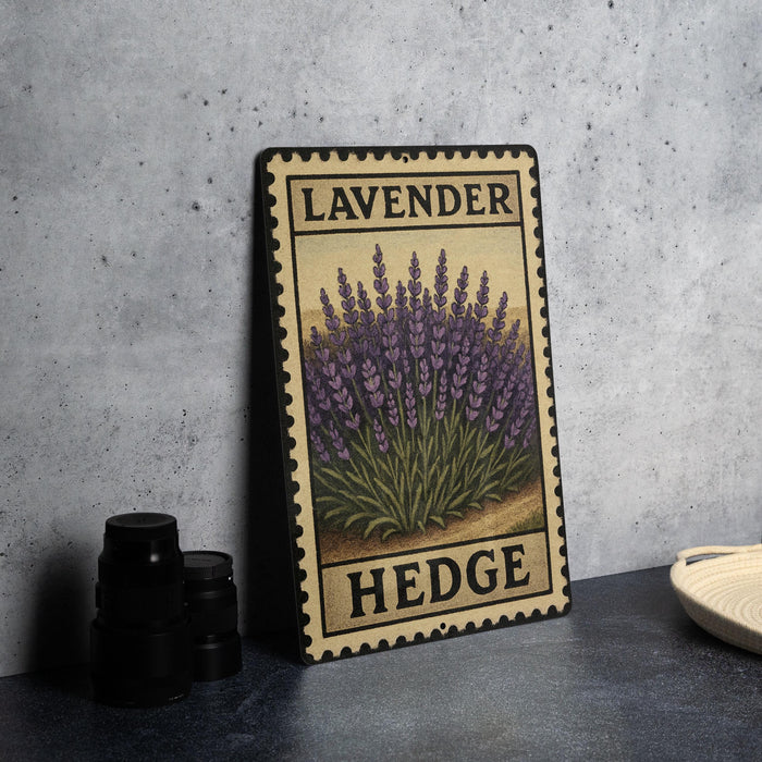 A framed print of lavender flowers is displayed on a table, with a stack of black camera lenses and a white dish nearby.