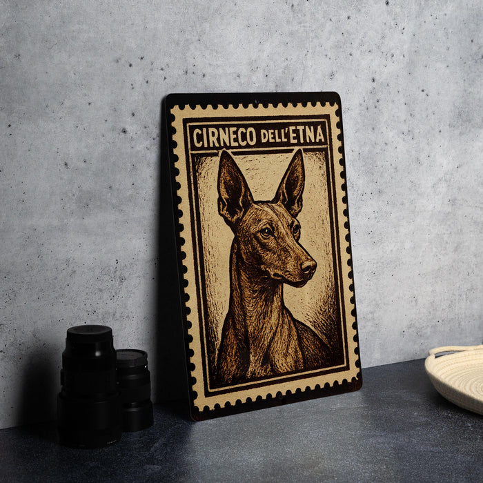 a framed print of a dog, specifically a Cocker Spaniel, with the text "CIRNECO DELETNA" printed on it.