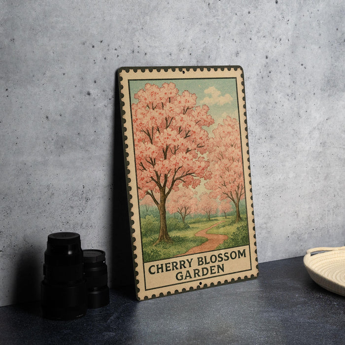 A vintage-style metal sign with a cherry blossom tree illustration, placed on a dark surface against a concrete wall.