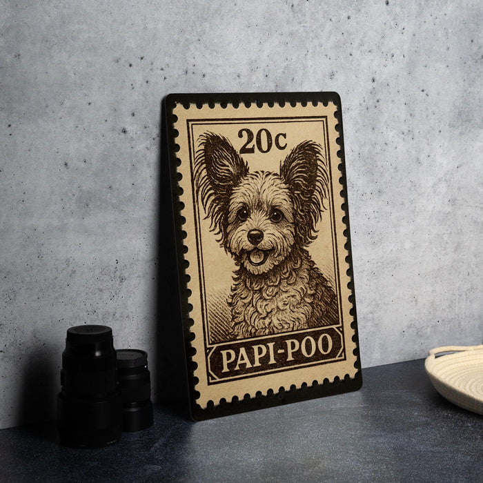 A 20 cent postage stamp featuring a dog's face, with the text "PAPI-POOO" printed on it.