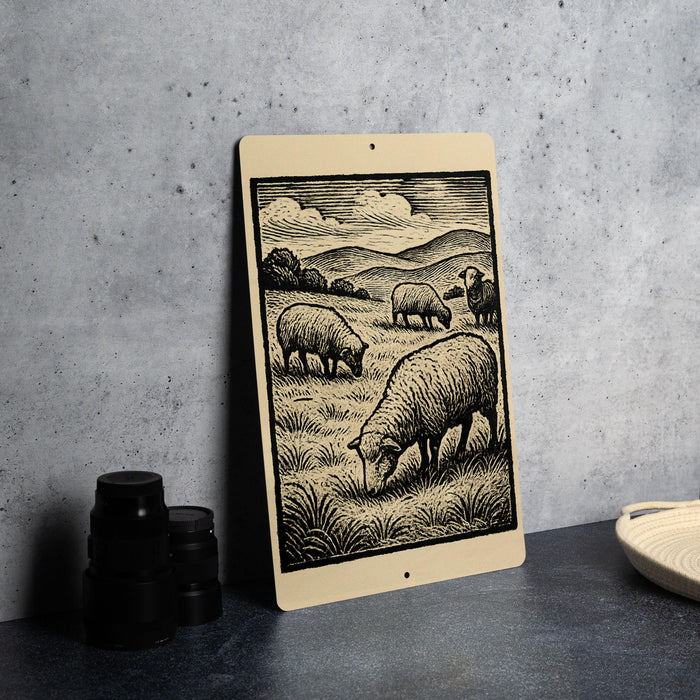 a black and white illustration of a pastoral scene with sheep grazing in a field.