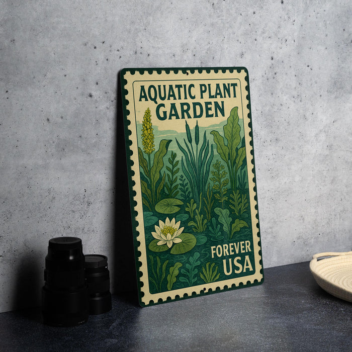a metal sign with a green border and a stamp-like design, displaying the text "AQUATIC PLANT GARDEN" and "FREVER USA".