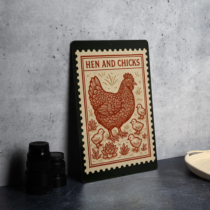 a framed illustration of a chicken surrounded by chicks, with the text "HEN AND CHICKS" prominently displayed.