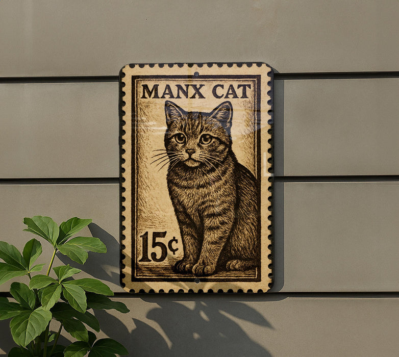 A vintage-style postage stamp featuring a cat illustration, mounted on a wall next to a plant.