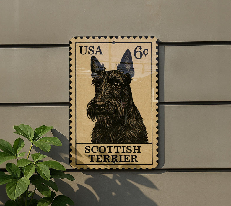 A metal sign featuring a black Scottish Terrier dog, mounted on a wall.