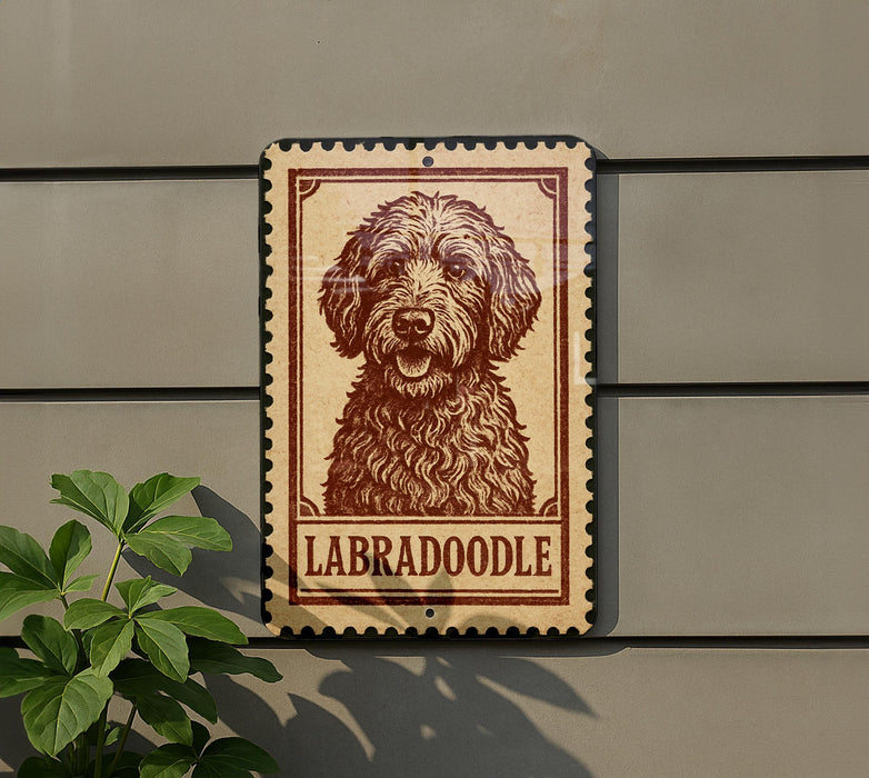A sign featuring a portrait of a Labradoroodle dog.