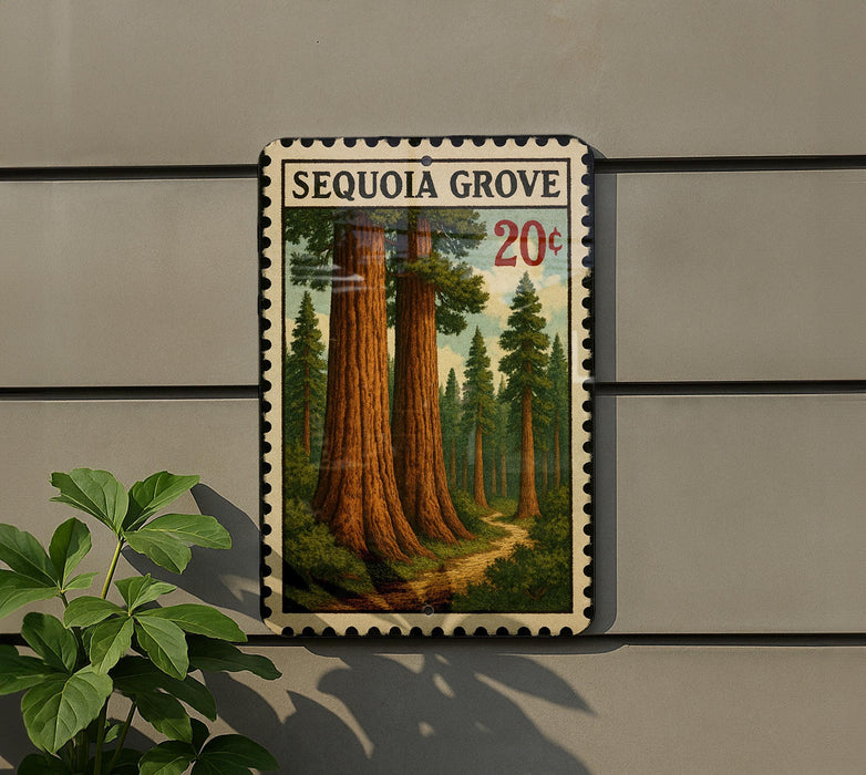 A framed postage stamp depicting a scenic forest landscape with towering sequoia trees, hanging on a wall next to a plant.