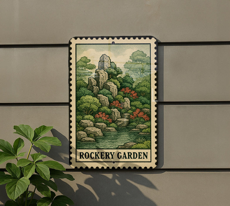 A metal sign with a landscape illustration of a garden, mounted on a wall.