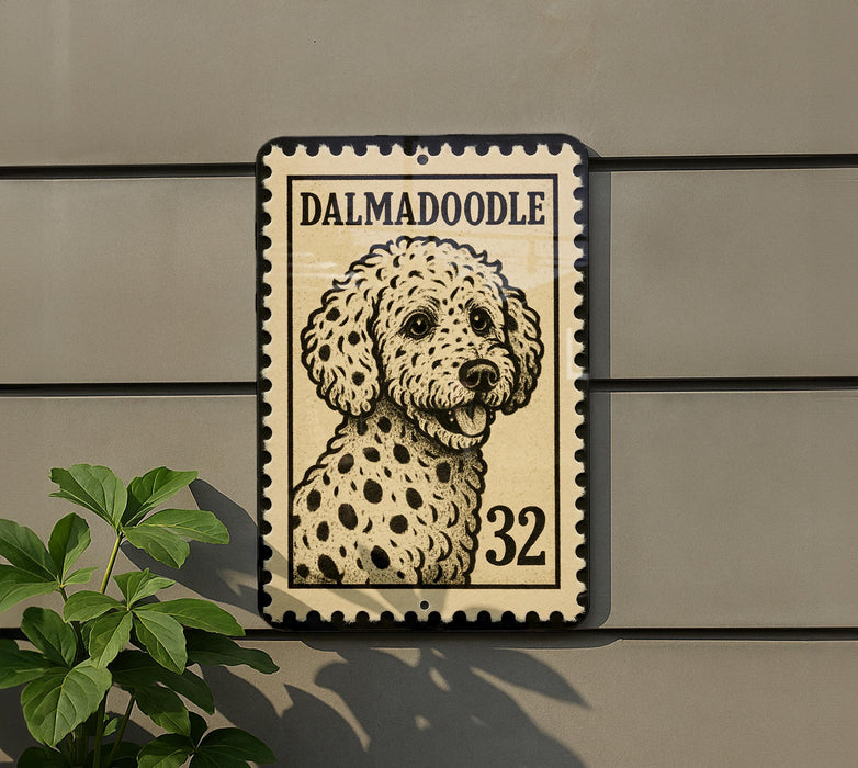 A Dalmatoodle dog is depicted on a postage stamp-like sign, mounted on a wall.