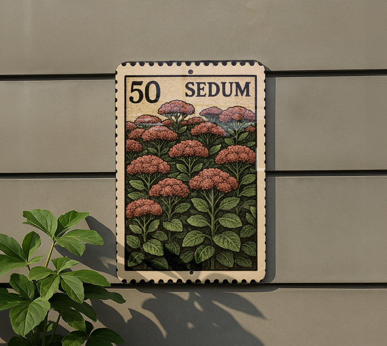 a postage stamp with a floral design, mounted on a wall next to a plant.