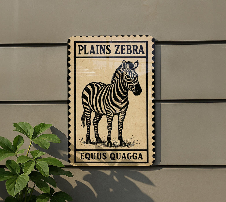 a zebra standing on a patch of grass, with the text "PLANS ZEBRA EQUUS QUAGGA" displayed on the sign.
