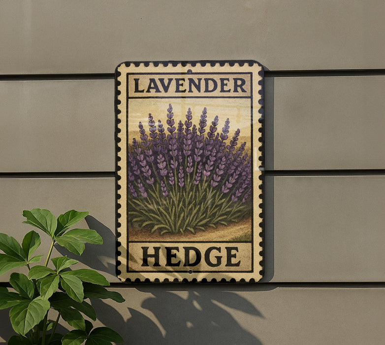 A framed image of lavender flowers is mounted on a wall, with the word "HEDGE" written below the image.