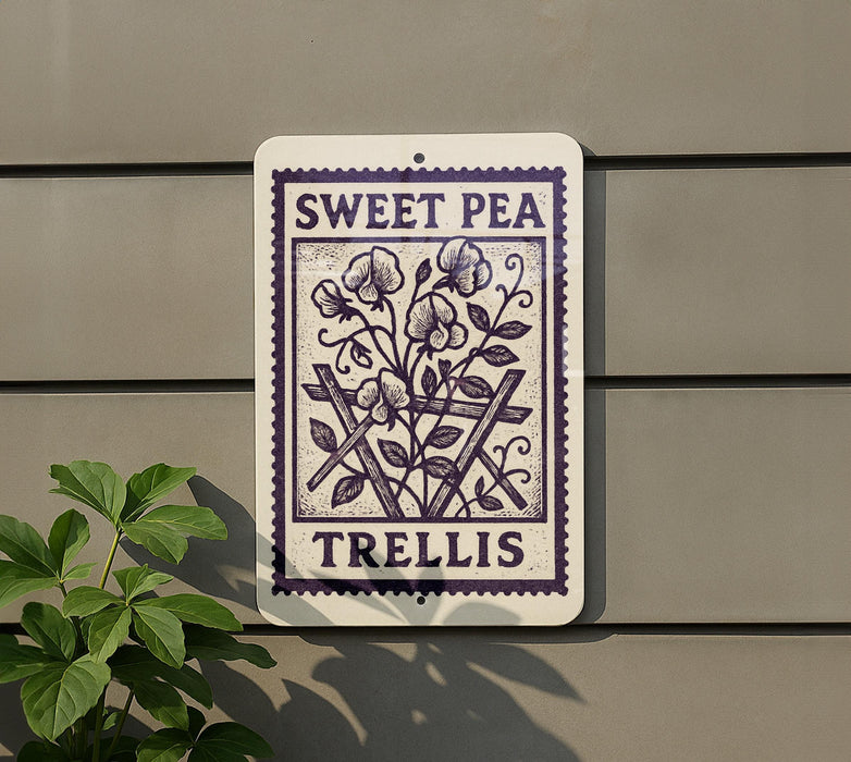 a sign with a floral design and the text "Sweet Pea Trellis" on it, hanging on a wall.