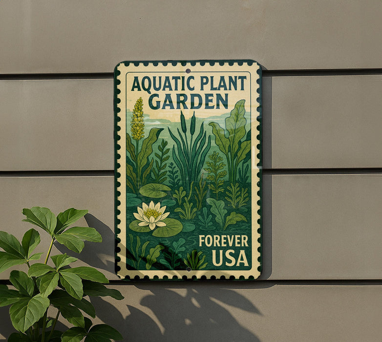 a sign for an aquatic plant garden, with a lush green plant and a white flower on display.