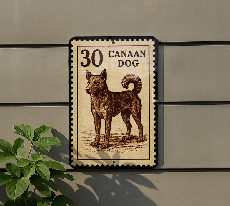 a brown dog standing on a wooden surface, with a stamp-like border around it.