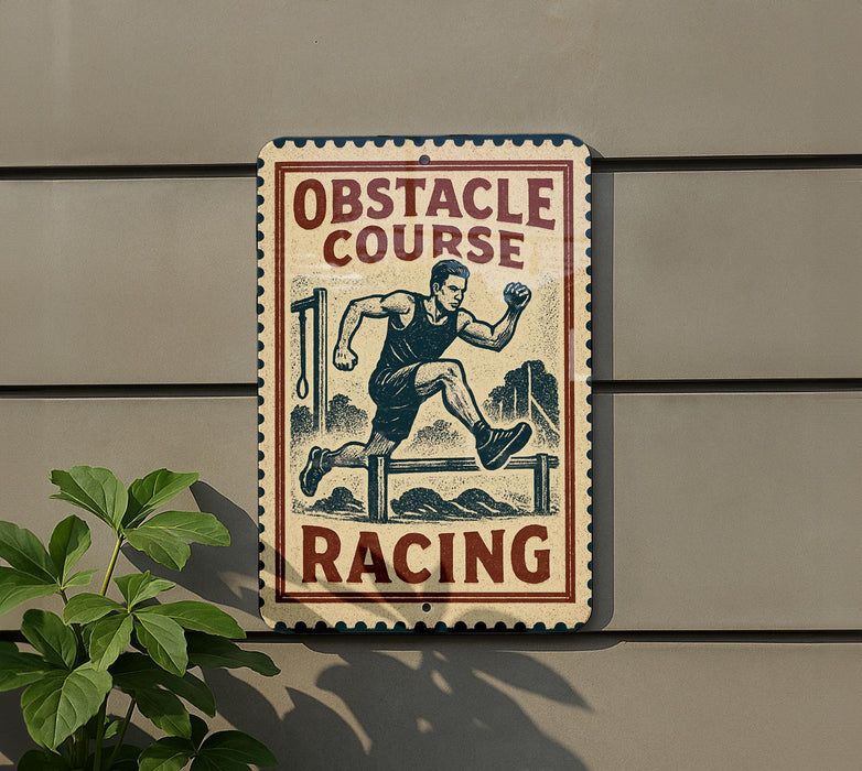 a sign that says "Obstacle Course Racing" with an illustration of a man running over a hurdle.
