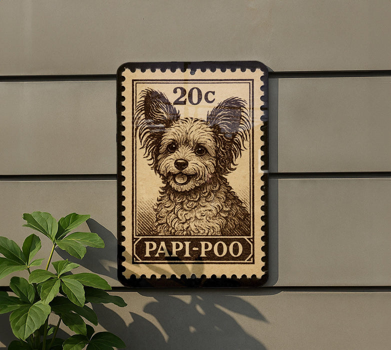 A 20c postage stamp featuring a dog's face, with the text "PAPI-POOO" below it.