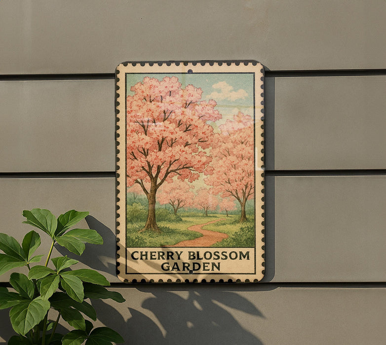 A framed image of cherry blossoms is displayed on a wall, with a plant to the left of the frame.