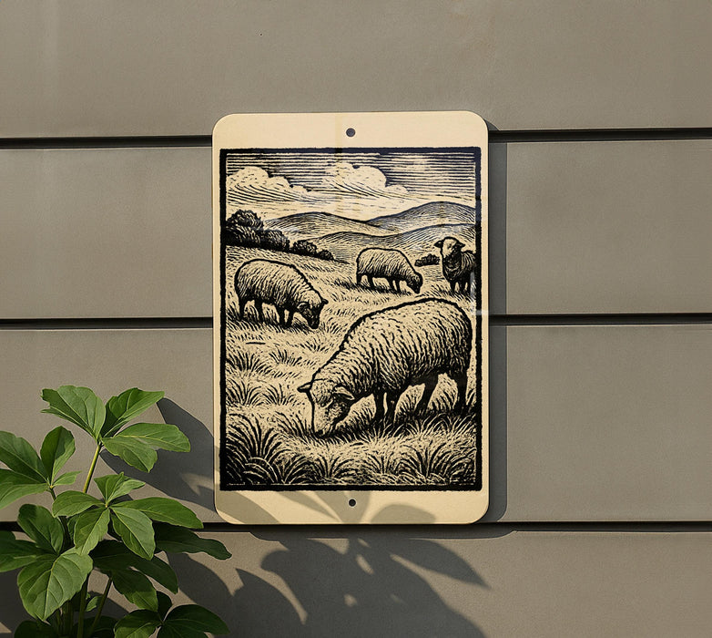 a pastoral scene with a group of sheep grazing in a grassy field, with a cloudy sky in the background.