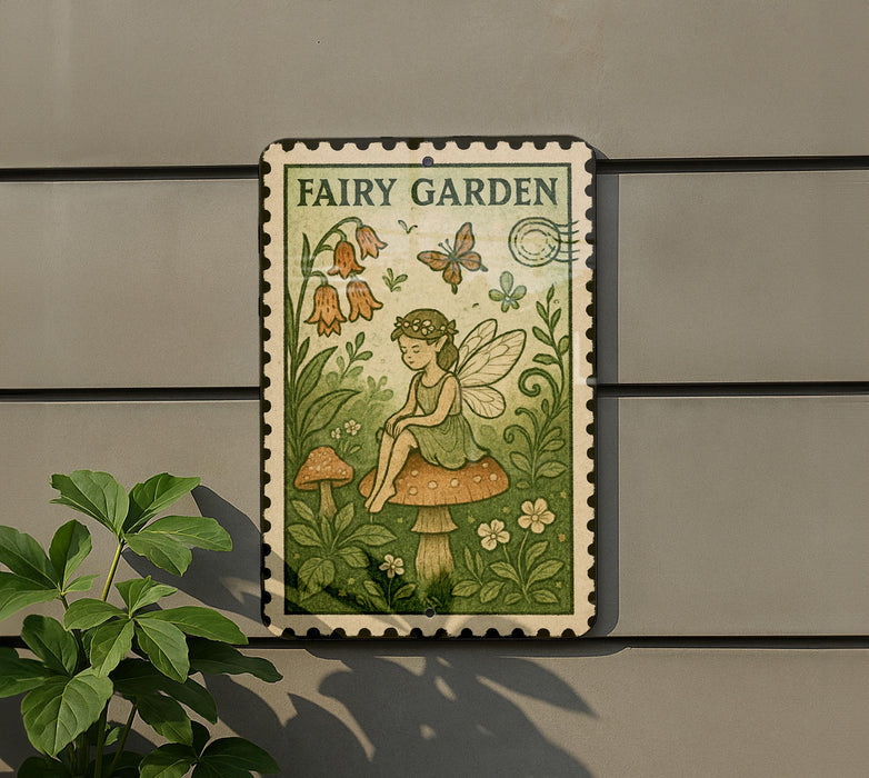 a small, vintage-style metal sign with a fairy sitting on a mushroom, surrounded by flowers and plants.