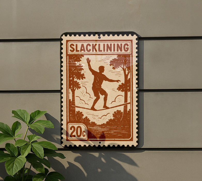 a sign with the word "SLACKLINING" on it, along with a silhouette of a person walking on a tightrope. The sign is mounted on a wall, and there is a plant to the left of the sign.