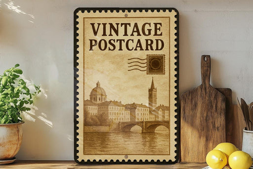 A vintage-style postcard featuring a cityscape illustration is displayed on a shelf, accompanied by a wooden cutting board, a potted plant, and some lemons.